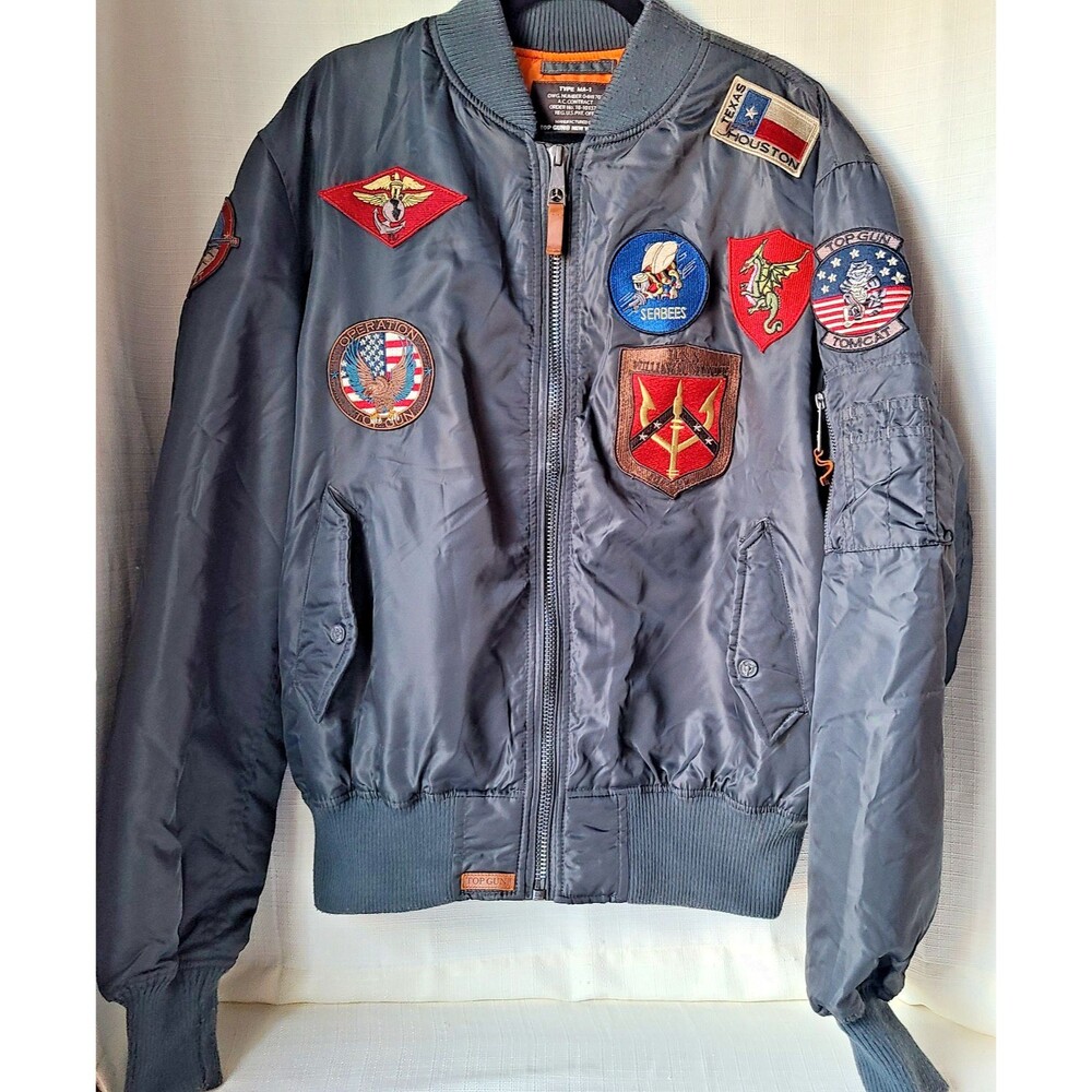 Top Gun MA-1 Flight Bomber Jacket Mens 2XL Gray Military Patches USA Air Force A
